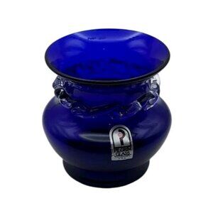 Vintage Pilgrim Glass Hand Blown Cobalt Blue Vase With Clear Applied Rigaree USA